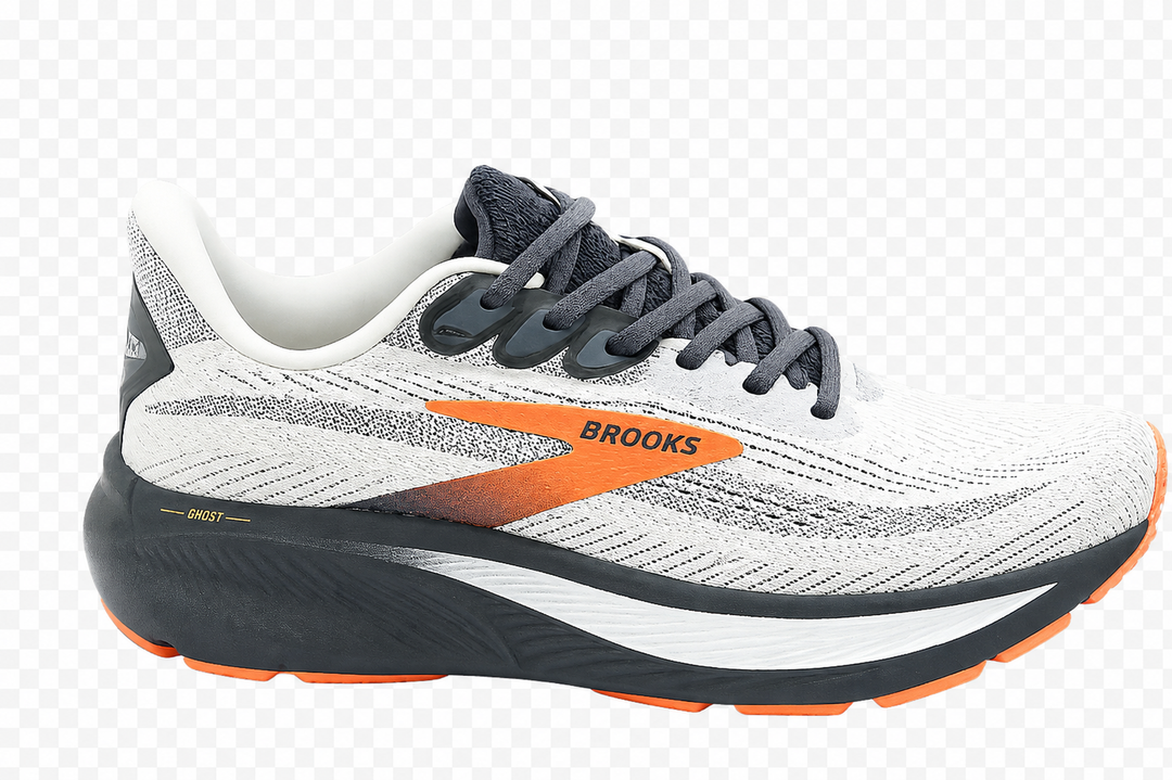 Brooks Ghost Premium Running Shoes for Men – Lightweight Cushioned Sports Sneakers | White/Orange
