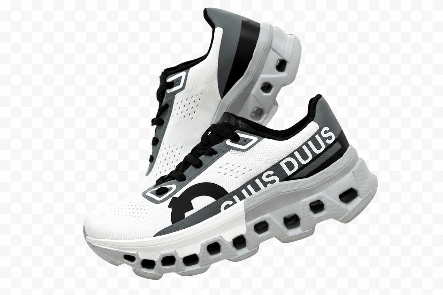 DUUS HexaRun Performance Sneakers | Geometric Cutout Sole Trainers in White, Grey & Black