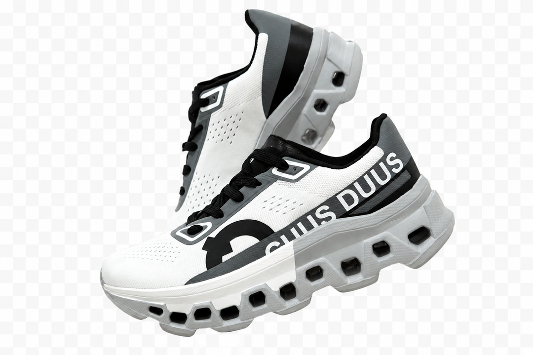 DUUS HexaRun Performance Sneakers | Geometric Cutout Sole Trainers in White, Grey & Black
