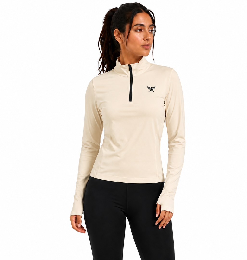 Women's Geometric-Patterned Quarter-Zip Top in Beige