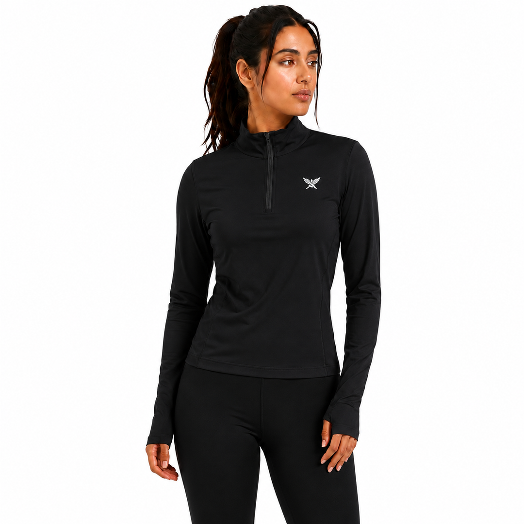 Women's Geometric-Patterned Quarter-Zip Top in Black