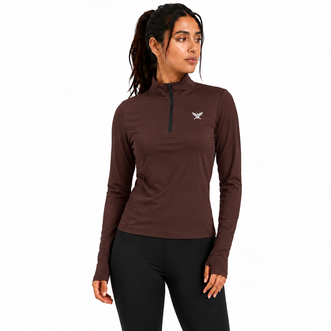 Women's Geometric-Patterned Quarter-Zip Top in Brown