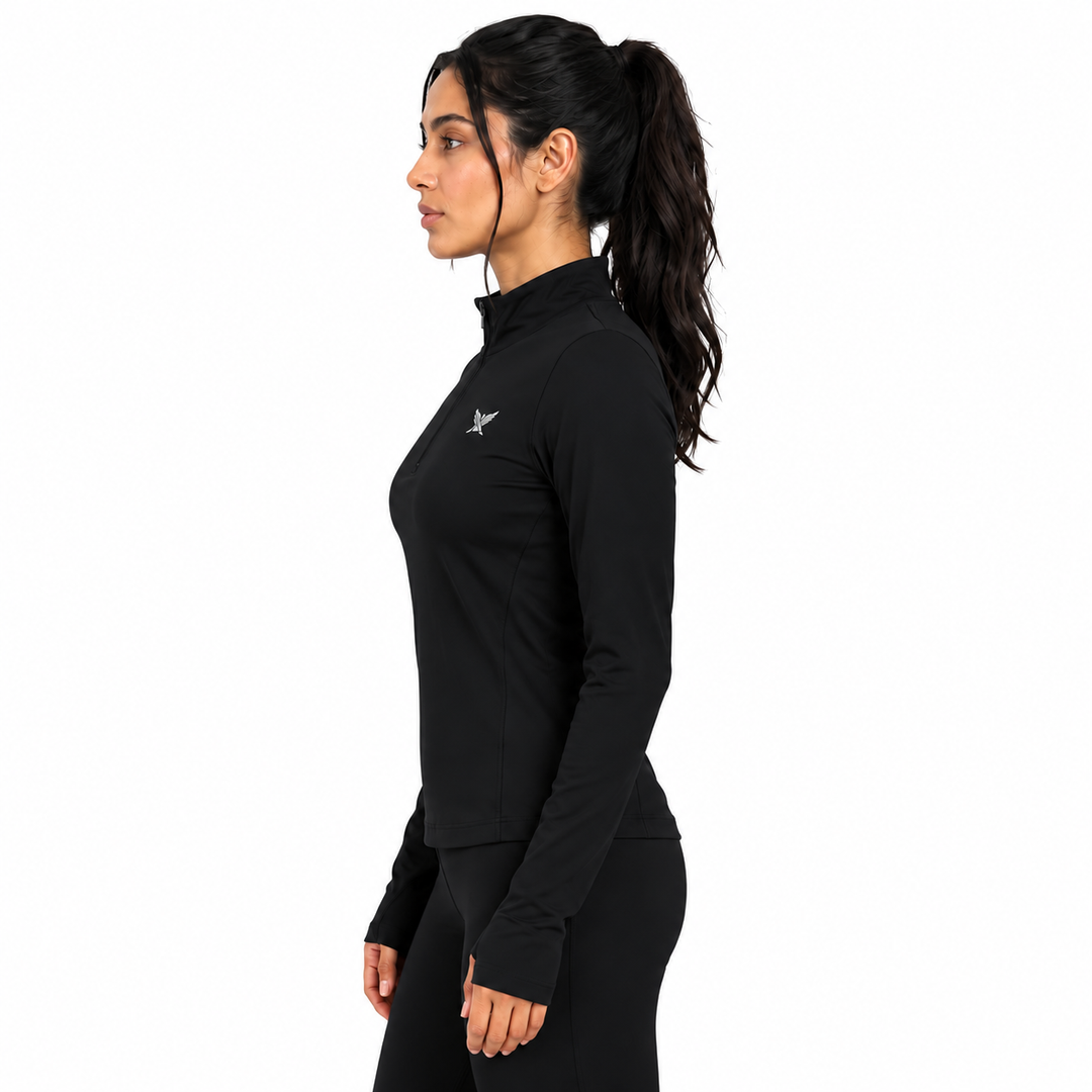 Women's Geometric-Patterned Quarter-Zip Top in Black